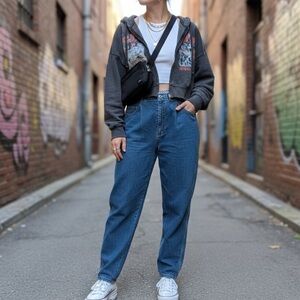 DKNY 1990s Retro Pinstripe Waistband Light Wash Cotton Straight Leg Jeans Size 8